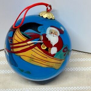 Santa at Sea Ornament Reverse Hand painted Glass Ball 3" with box